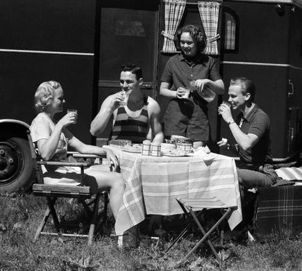 1930s Two Couples Eating Picnic Lunch Beside Camping Trailer